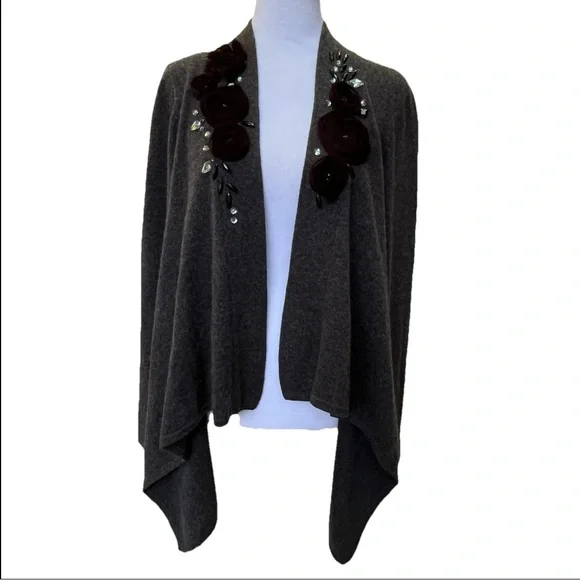 Saks 5th Avenue Open Gray Cardigan Cashmere Small Embellished Beaded Lagenlook - Picture 1 of 9